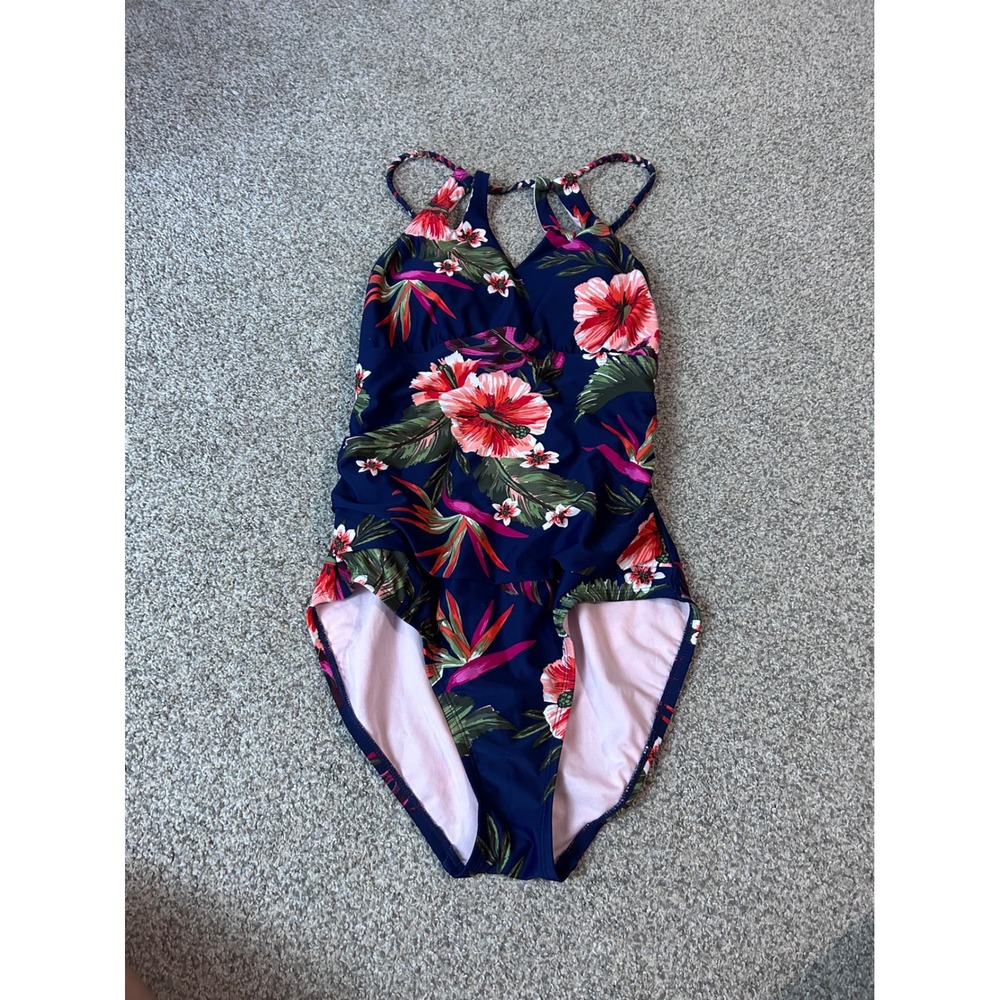 Kona Sol Womens Navy Blue Tropical Floral Braided Tie Back One Piece Swimsuit‎ L
